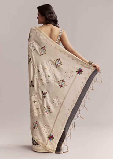 Black Linen Printed Saree With Heritage Floral Ajrakh Print
