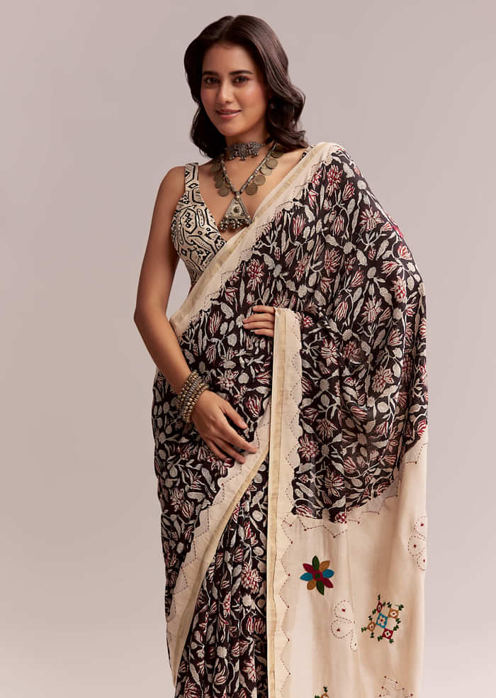 Black Linen Printed Saree With Heritage Floral Ajrakh Print