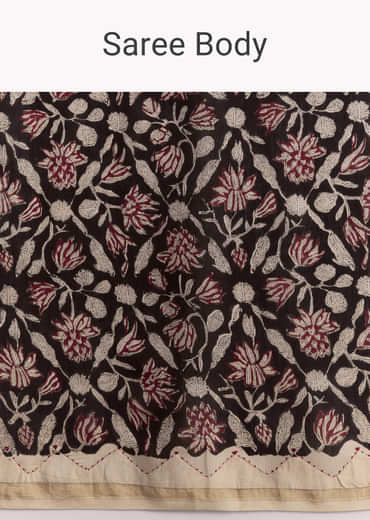 Black Linen Printed Saree With Heritage Floral Ajrakh Print