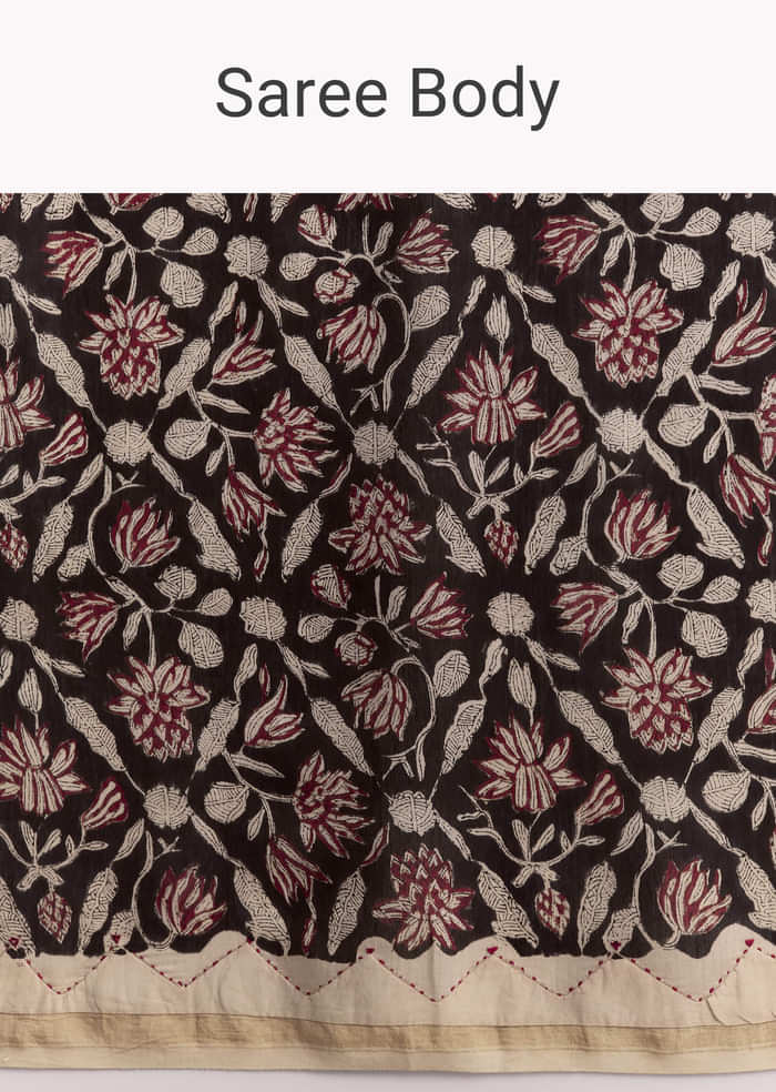 Black Linen Printed Saree With Heritage Floral Ajrakh Print