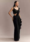 Black Lycra Ready Pleated Saree With Embroidery And Matching Blouse