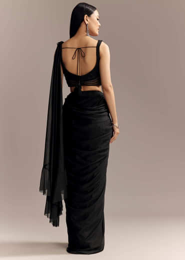 Black Lycra Ready Pleated Saree With Embroidery And Matching Blouse
