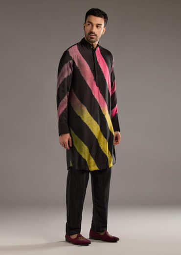Black Modal Kurta Set For Men With Hand Dyed Leheriya Print