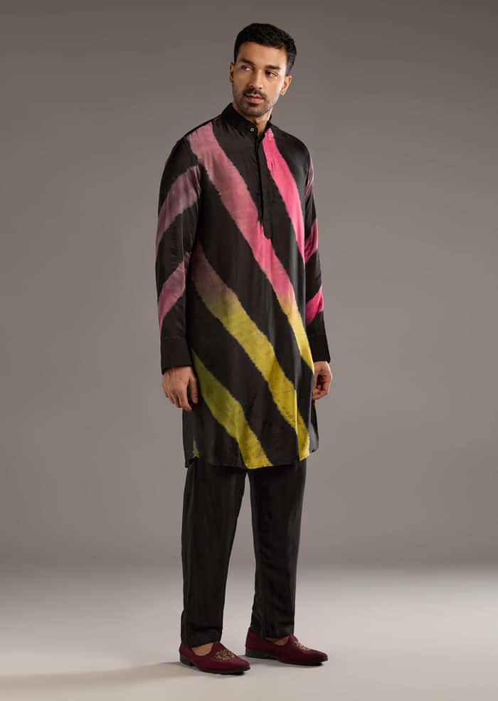 Black Modal Kurta Set For Men With Hand Dyed Leheriya Print
