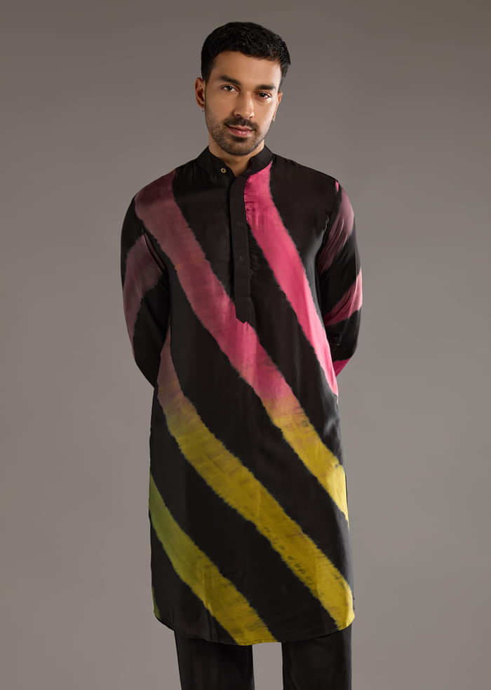 Black Modal Kurta Set For Men With Hand Dyed Leheriya Print