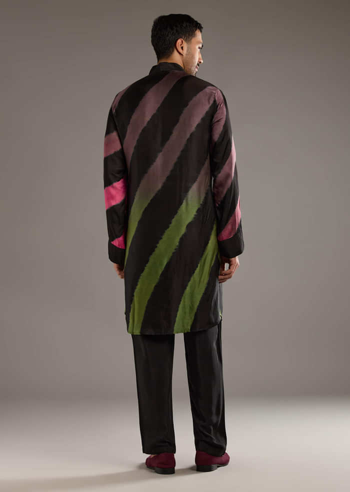 Black Modal Kurta Set For Men With Hand Dyed Leheriya Print