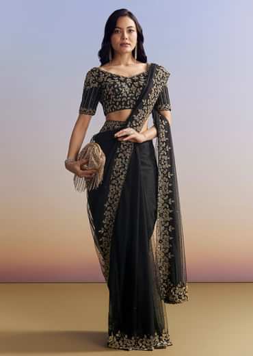 Black Net Saree With Embroidered Border