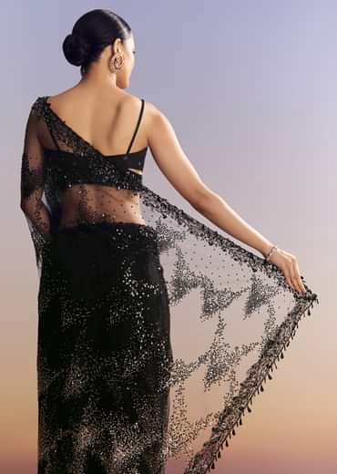 Black Net Saree With Golden Sequins And Cutdana Embroidery
