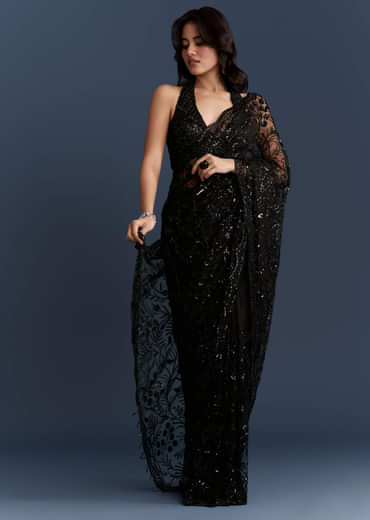 Black Net Saree With Intricate Floral Sequins Embroidery