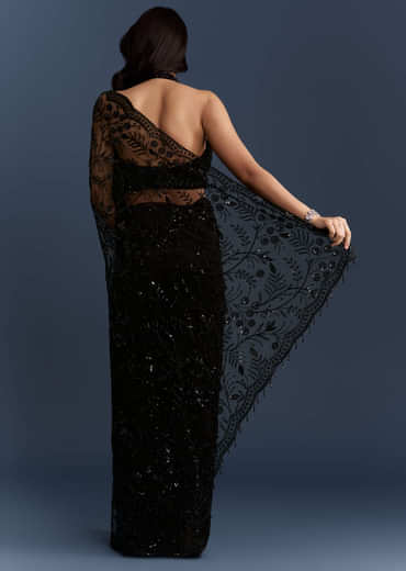 Black Net Saree With Intricate Floral Sequins Embroidery