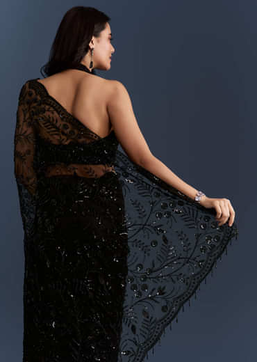 Black Net Saree With Intricate Floral Sequins Embroidery