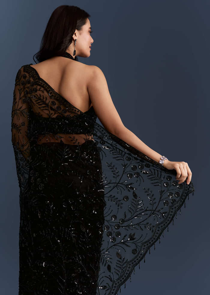 Black Net Saree With Intricate Floral Sequins Embroidery