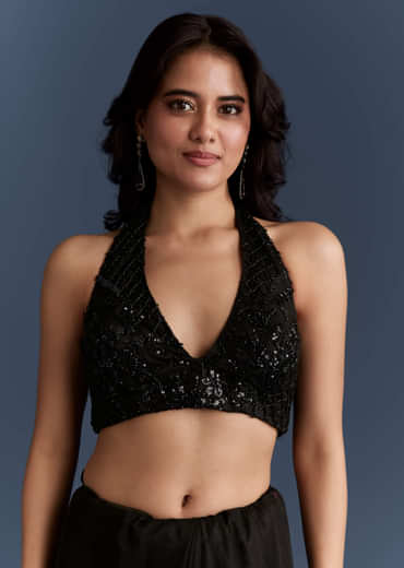 Black Net Saree With Intricate Floral Sequins Embroidery