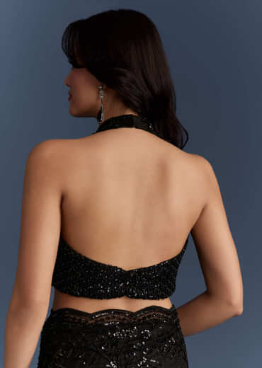 Black Net Saree With Intricate Floral Sequins Embroidery