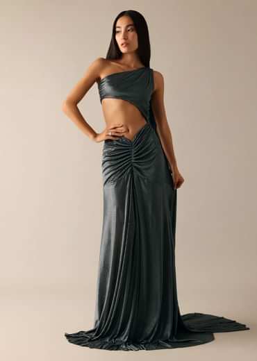 Black One Shoulder Fishcut Gown With Attached Drape