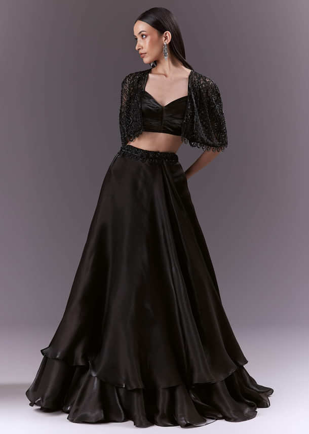 Black Organza Bridesmaid Lehenga With Cutdana And Beads Work