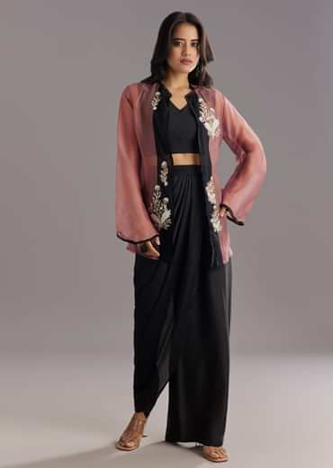 Black Organza Jacket and Satin Dhoti Palazzo Set With Zardosi Embroidery