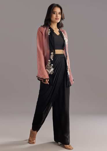 Black Organza Jacket and Satin Dhoti Palazzo Set With Zardosi Embroidery