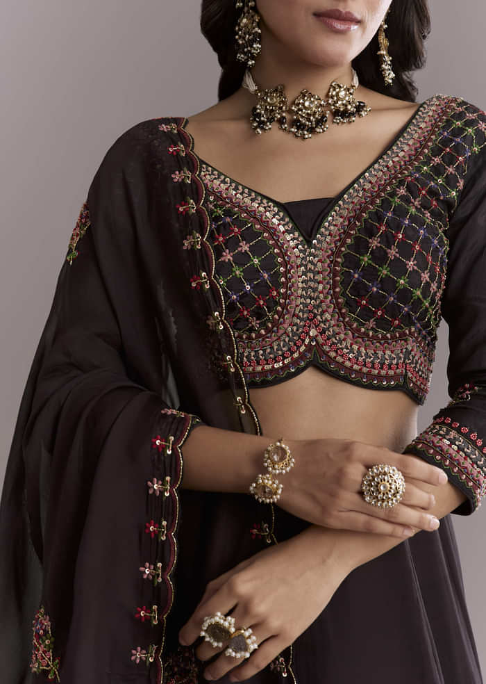 Black Organza Printed Bridesmaid Lehenga With Intricate Hand Embroidery