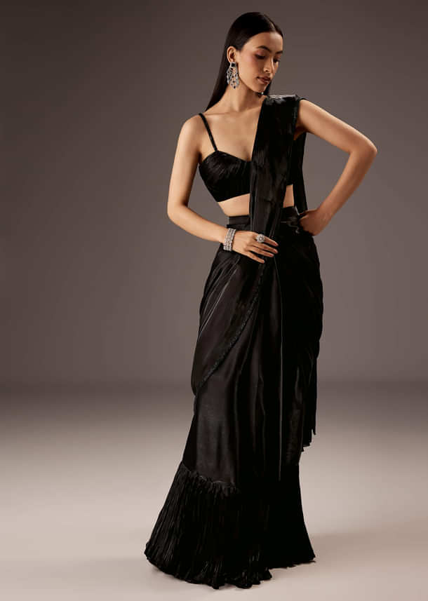 Black Organza Ready Pleated Saree