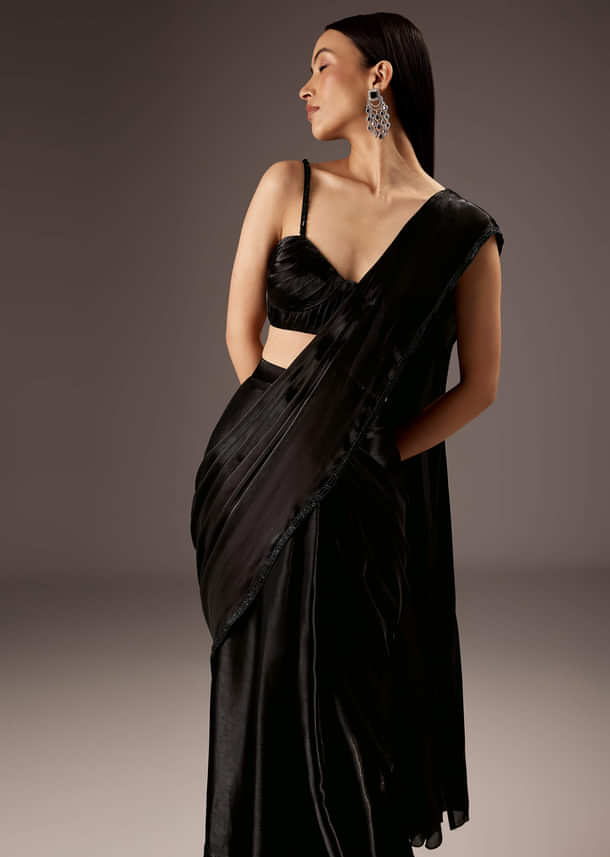 Black Organza Ready Pleated Saree