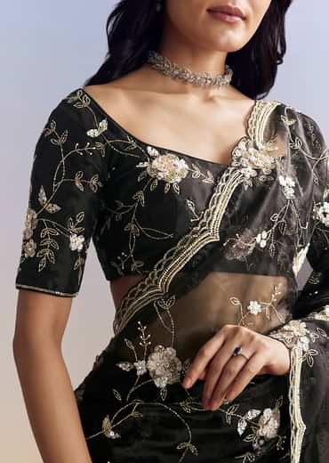 Black Organza Saree With All Over Floral Jaal Embroidery