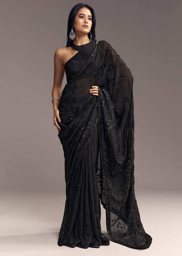 Black Organza Saree With Beaded Geometric Embroidery