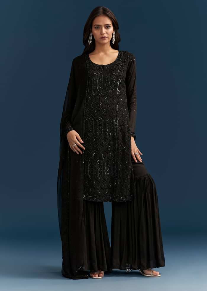 Black Pakistani Palazzo Suit With Sequins Embellished Kurta And Dupatta