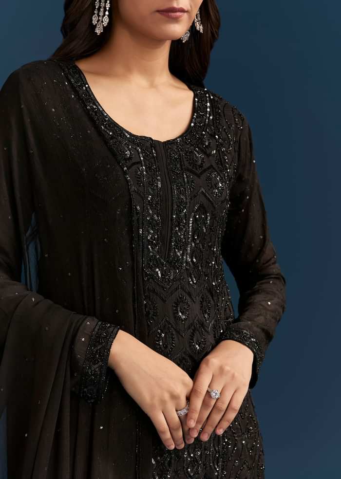 Black Pakistani Palazzo Suit With Sequins Embellished Kurta And Dupatta