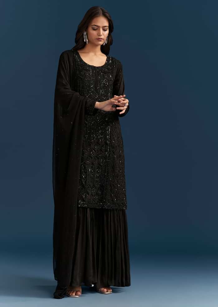 Black Pakistani Palazzo Suit With Sequins Embellished Kurta And Dupatta