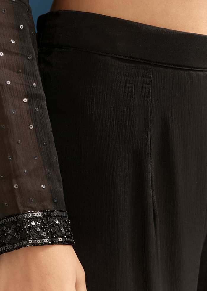 Black Pakistani Palazzo Suit With Sequins Embellished Kurta And Dupatta