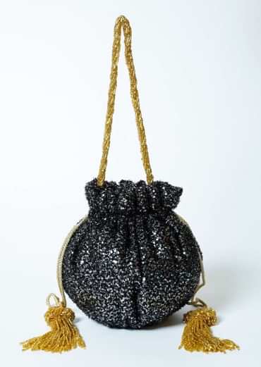 Black Potli Bag In Sequins Fabric With Cut Dana Tassels And Handle By Solasta