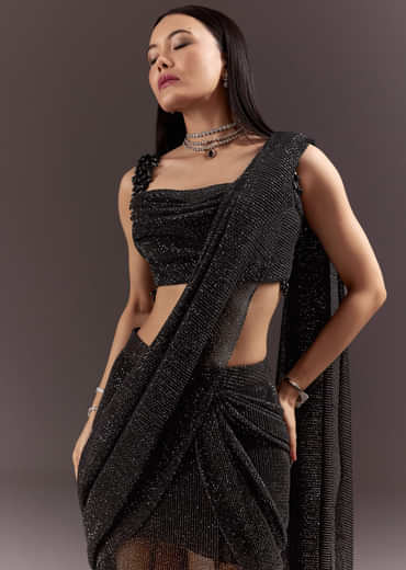 Black Pre Stitched Slit Saree With Cowl Blouse