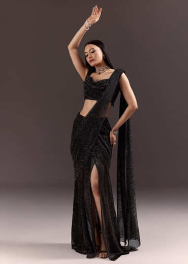 Black Pre Stitched Slit Saree With Cowl Blouse