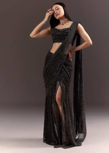 Black Pre Stitched Slit Saree With Cowl Blouse