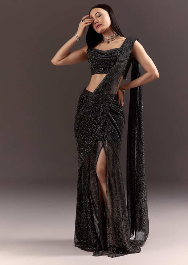 Black Pre Stitched Slit Saree With Cowl Blouse