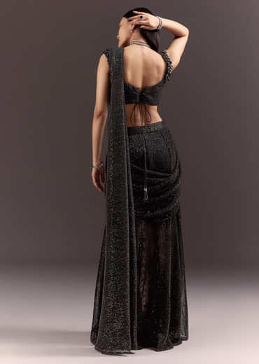 Black Pre Stitched Slit Saree With Cowl Blouse