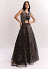 Black Printed Lehenga Choli With Mirror Work Jacket In Organza Tissue