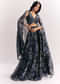 Black Printed Mirror Work Lehenga Choli Set In Organza Tissue