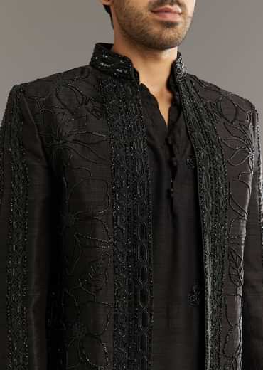 Black Raw Silk Indo Western Set With Beaded Work