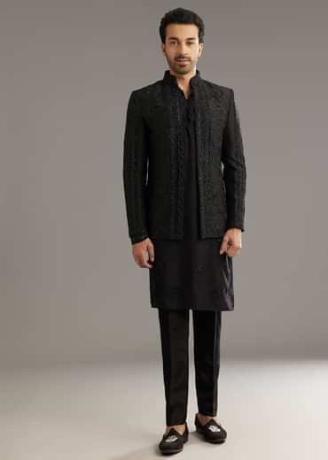 Black Raw Silk Indo Western Set With Beaded Work