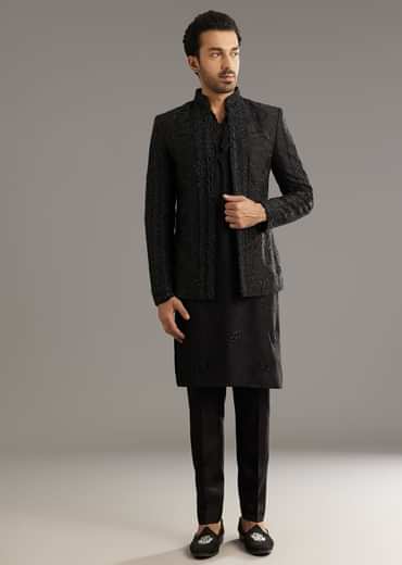 Black Raw Silk Indo Western Set With Beaded Work