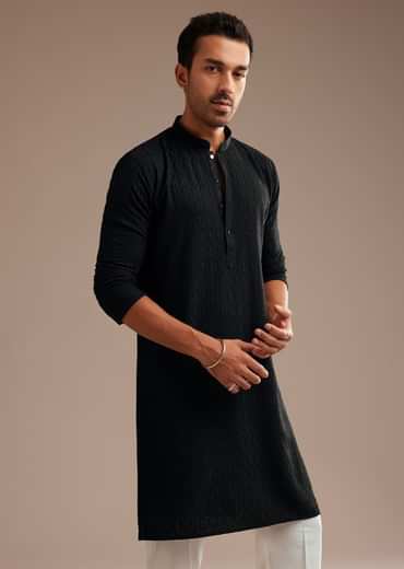 Black Rayon Kurta Set With Self Work Embroidery