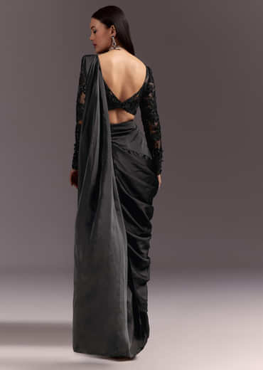 Black Ready Drape Slit Saree With Full Sleeve Blouse