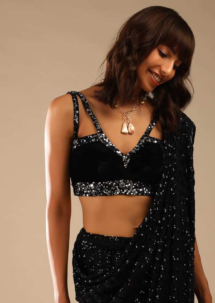 Black Ready Pleated Saree Embellished In Sequins And Sleeveless Velvet Blouse With Cut Out Detailing