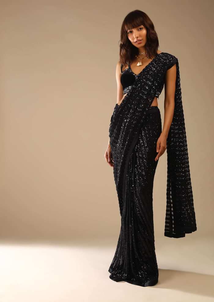Black Ready Pleated Saree Embellished In Sequins And Sleeveless Velvet Blouse With Cut Out Detailing