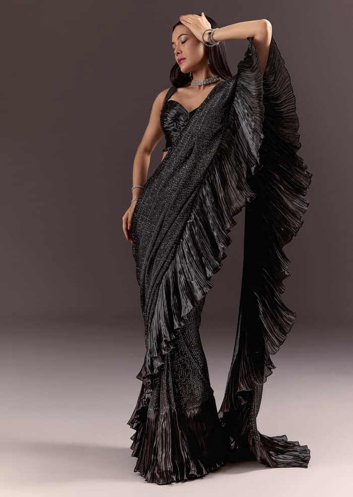 Black Ready Pleated Saree With Ruching Blouse And Frills