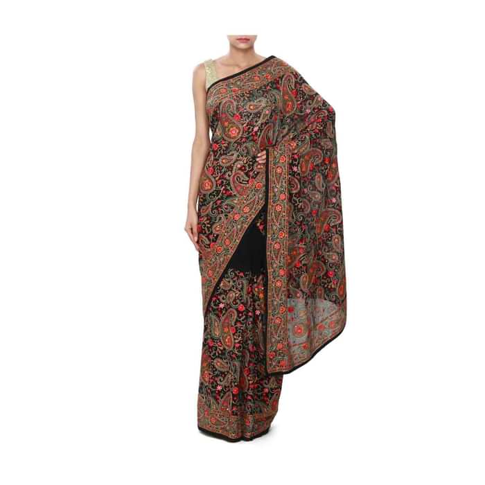 Black Saree With Resham Kashmiri Embroidery In Paisley Motif Online - Kalki Fashion