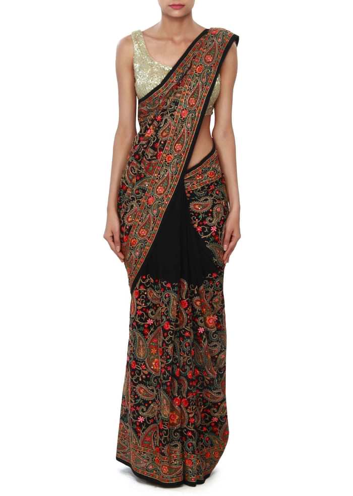 Black Saree With Resham Kashmiri Embroidery In Paisley Motif Online - Kalki Fashion