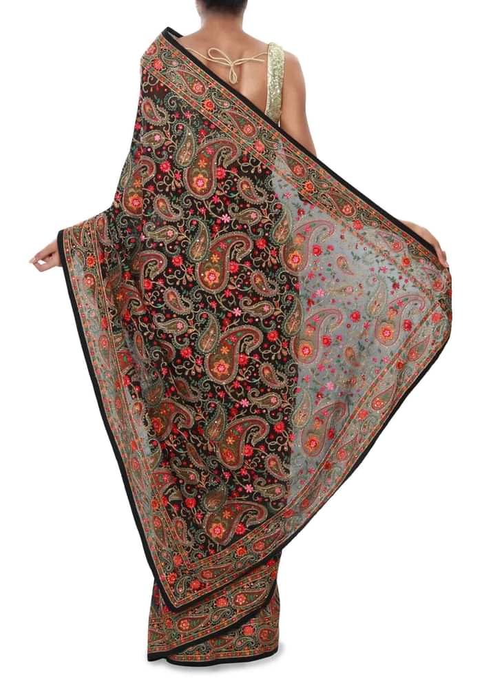 Black Saree With Resham Kashmiri Embroidery In Paisley Motif Online - Kalki Fashion